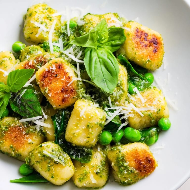 Close-up of a savory vegetarian weeknight dinner featuring sautéed gnocchi, peas, and aromatic garlic.