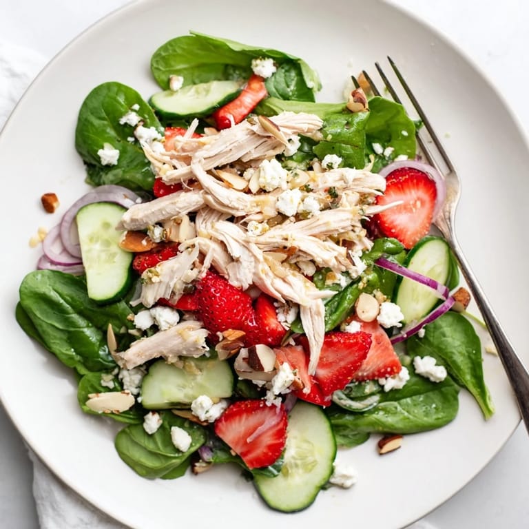 Fork-tender shredded chicken mingles with juicy strawberries, crunchy cucumber, and feta in a light poppy seed dressing for an easy, gluten-free main course salad.