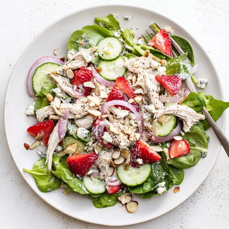 A refreshing Strawberry Poppy Seed Chicken Salad garnished with toasted almonds and fresh herbs, ideal for a light lunch or summery main dish on a sunny table.