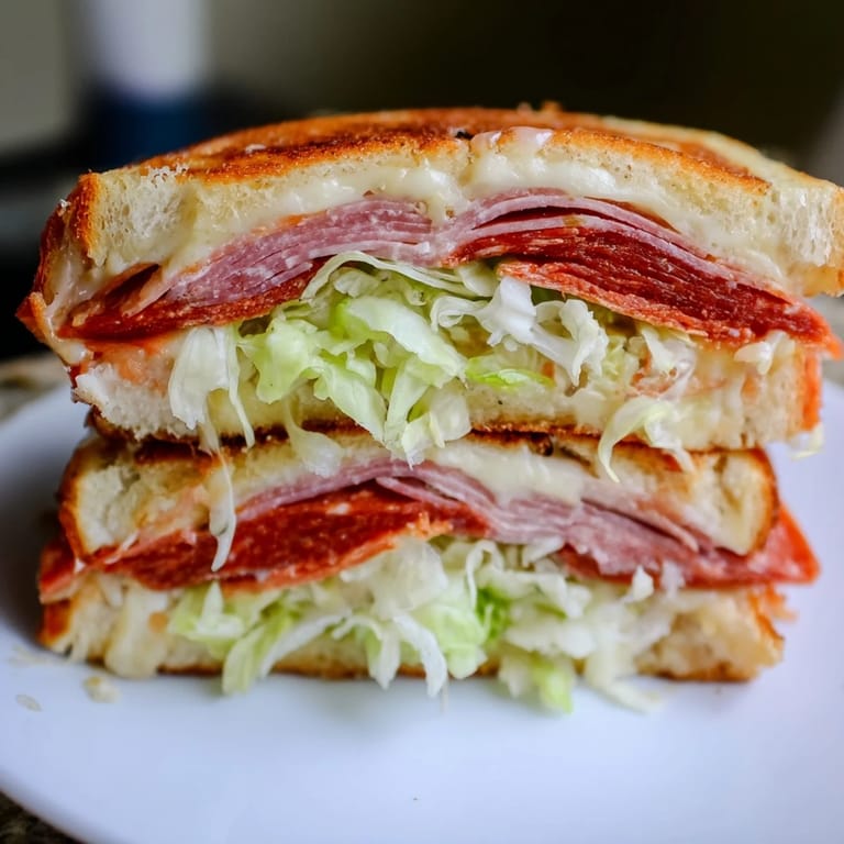 Close-up of Italian Sub Grilled Cheese stacked with pepperoni, provolone, and oregano lettuce topping on board.