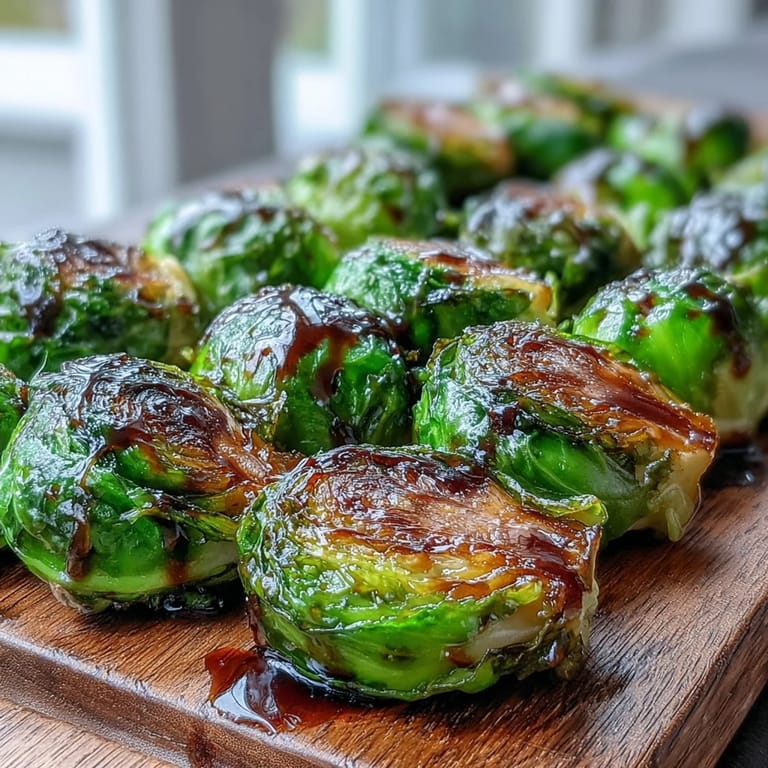Crispy caramelized Brussels sprouts drizzled with sweet and sour balsamic reduction.