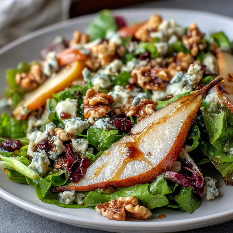 Vibrant Pear Gorgonzola Salad featuring crumbled blue cheese and sliced fresh pears.