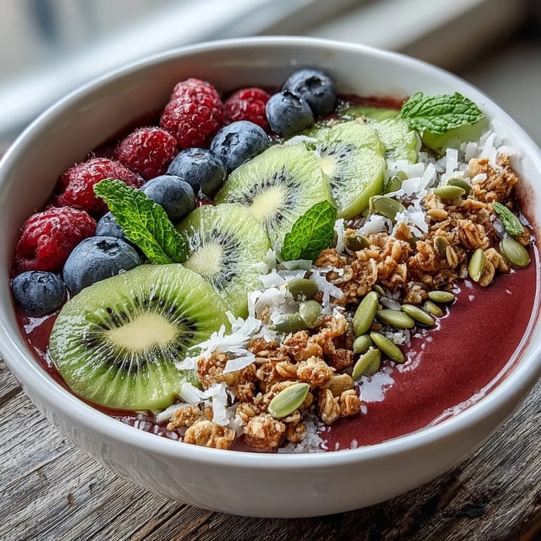 Beet and berry smoothie bowl: a refreshing breakfast layered with fresh fruits and seeds.