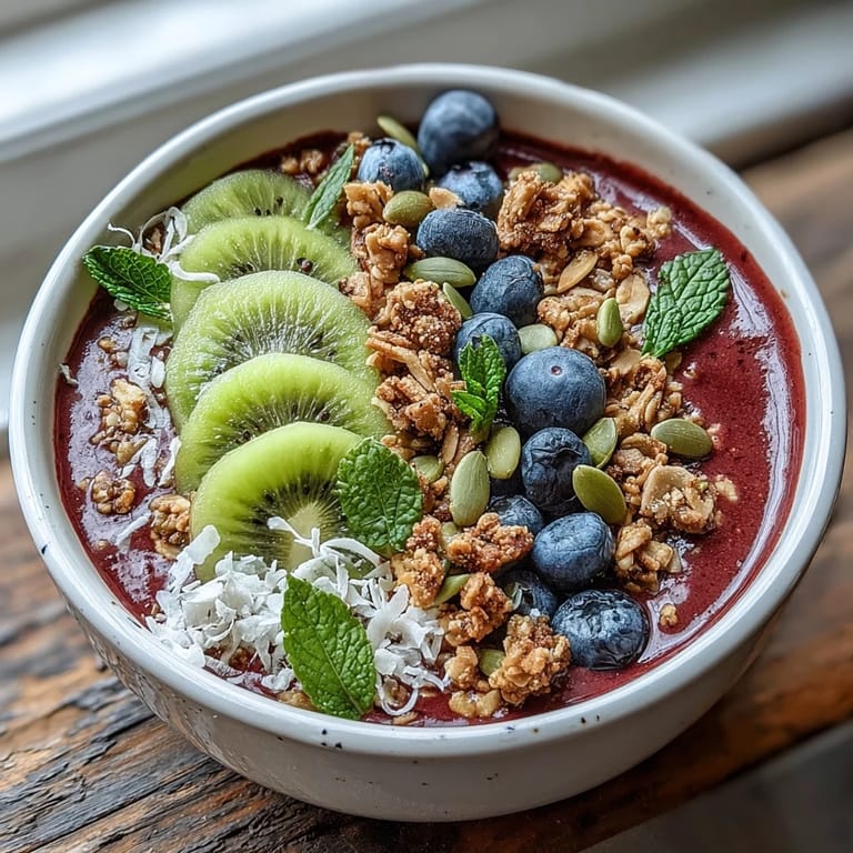 Delicious beet and berry smoothie bowl, a colorful and healthy treat to enjoy.