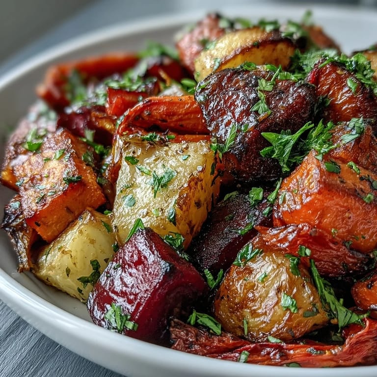 Caramelized Roasted Root Vegetable Medley, tender and sweet, ready for dinner.