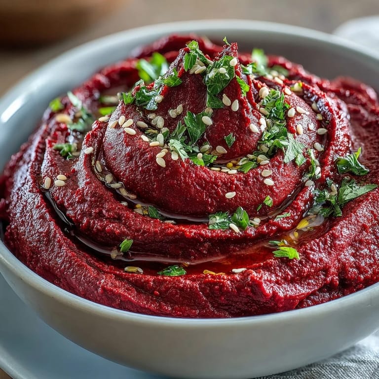 Close-up of smooth, bright pink roasted beet hummus ready to serve.