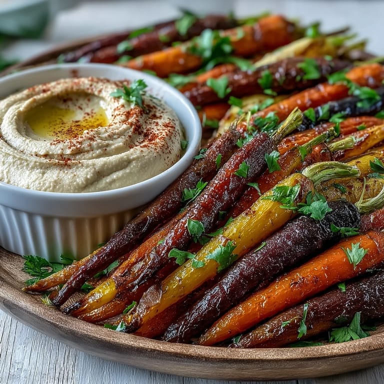 Vivid platter: tender, caramelized rainbow carrots alongside a rich, lemony hummus for a delightful snack.