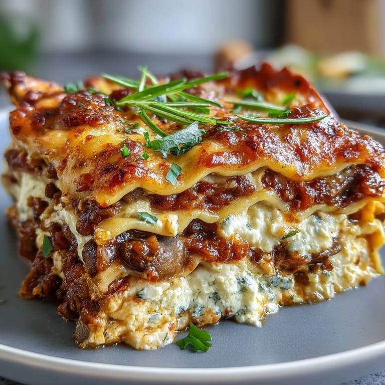 A hearty slice of One-Pan Smoky Veggie Lentil Lasagne served with crusty bread and salad.