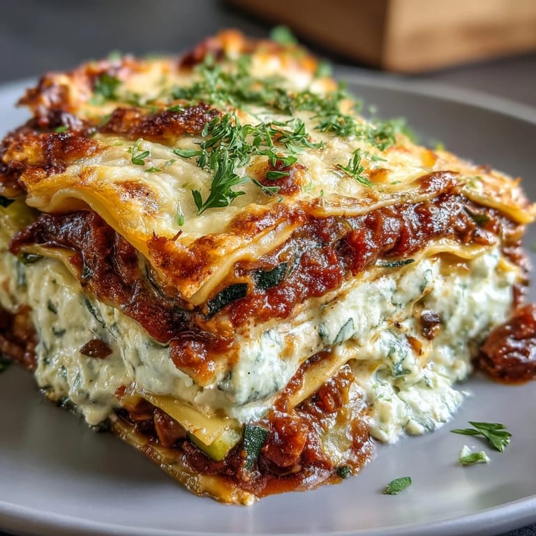 One-Pan Smoky Veggie Lentil Lasagne with visible layers of red lentils, mushrooms, and zucchini.