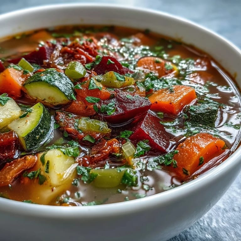This nourishing Rainbow Vegetable Detox Soup is served in a rustic bowl, garnished with parsley.