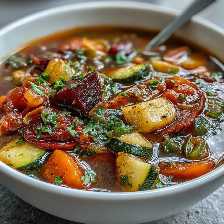 Steaming bowls of Rainbow Vegetable Detox Soup showcase a vibrant mix of tomatoes and bell peppers.