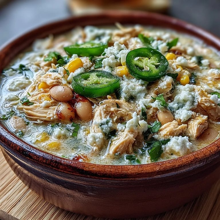 Hearty White Chicken Chili simmering in a Dutch oven, featuring tender shredded chicken, creamy white beans, and sweet golden corn.