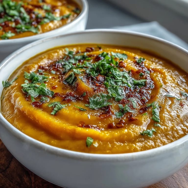 A warm, comforting bowl of Butternut Squash and Lentil Soup served with crusty bread, perfect for a cozy vegan meal.