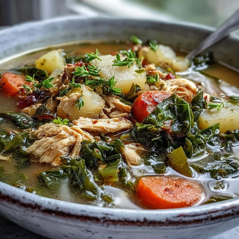 Close-up of Collard Greens, Chicken and Vegetable Soup topped with fresh herbs, served beside crusty bread.