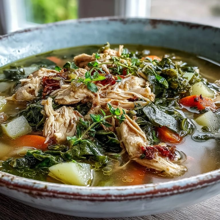 Spoon lifting a ladleful of Collard Greens, Chicken and Vegetable Soup, showing potatoes and bright green collards.