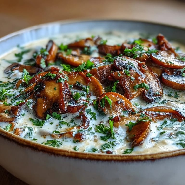 A close-up of golden mushrooms and thyme in a rich, velvety Creamy Mushroom Stroganoff Soup served with crusty bread.