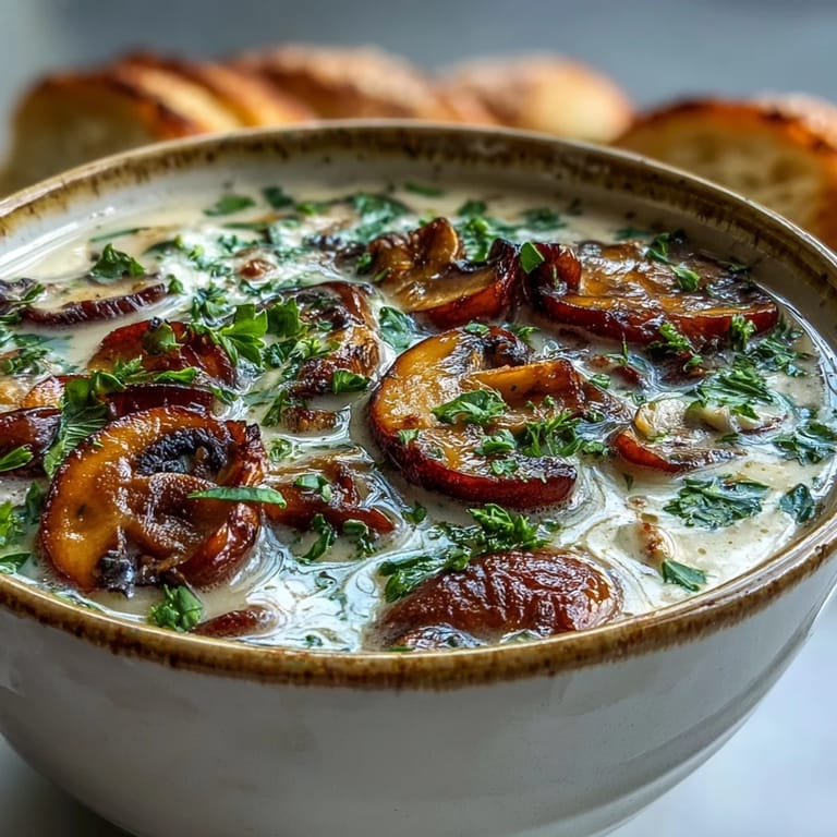 Comforting vegetarian Creamy Mushroom Stroganoff Soup in a white ceramic bowl, garnished with fresh parsley and extra sour cream.