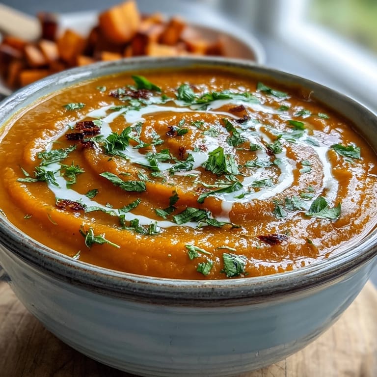 Vibrant orange Carrot, Celeriac and Chilli Soup ladle hovering over a pot, showing its velvety texture and flecks of green herbs.