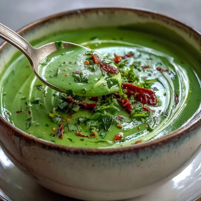 Vegan Asian-inspired Spinach Coriander Lemongrass Soup, garnished with fresh herbs and ready to serve with bread.