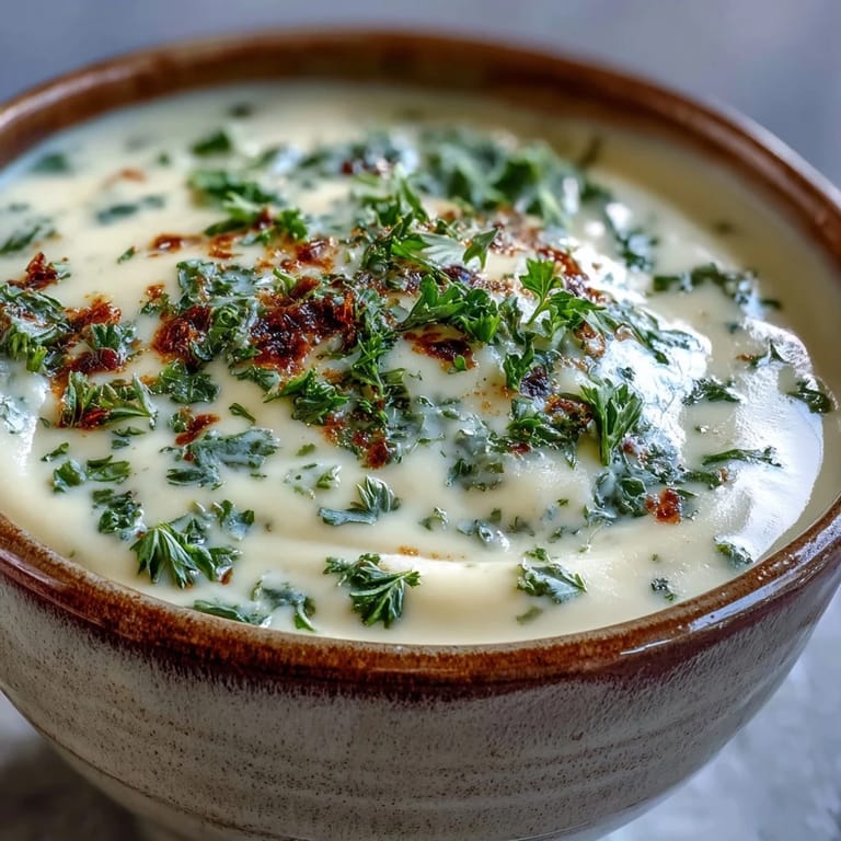 Close-up of creamy vegetable soup with a swirl of cream and tender vegetable pieces in a white ceramic bowl.