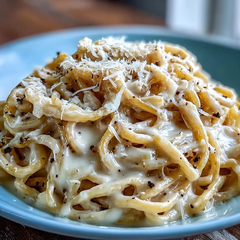 A warm skillet of Cacio e Pepe topped with extra grated Pecorino Romano and pepper, ready to serve as a weeknight Italian dinner