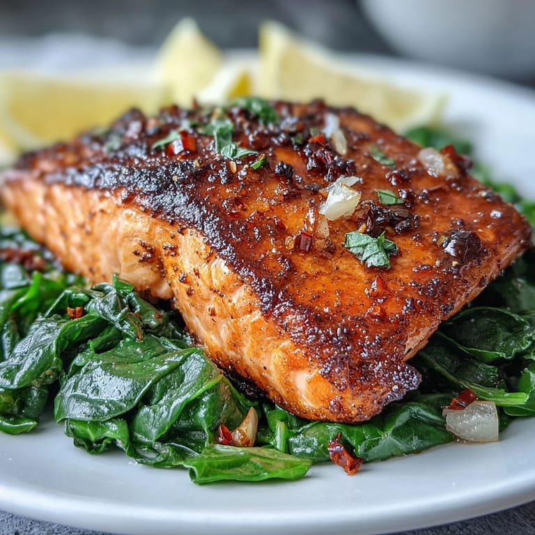 Flaky, perfectly cooked Air Fryer Salmon and Swiss Chard plated with lemon wedges, ideal for a healthy, low-carb dinner.