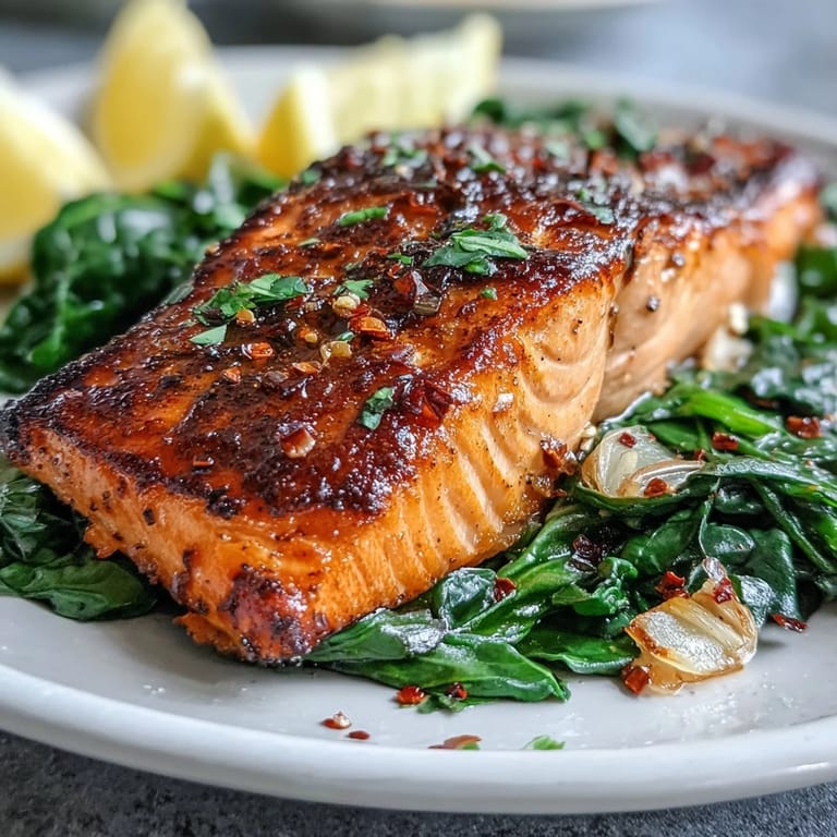 Sizzling Air Fryer Salmon and Swiss Chard, with golden-brown skin atop wilted greens, garnished with fresh lemon for brightness.