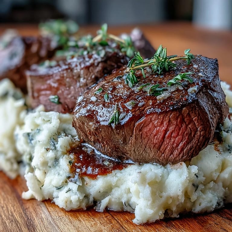 Golden-brown Venison Steaks with Caraway Crushed Swede served on a rustic plate alongside vibrant sautéed winter greens.