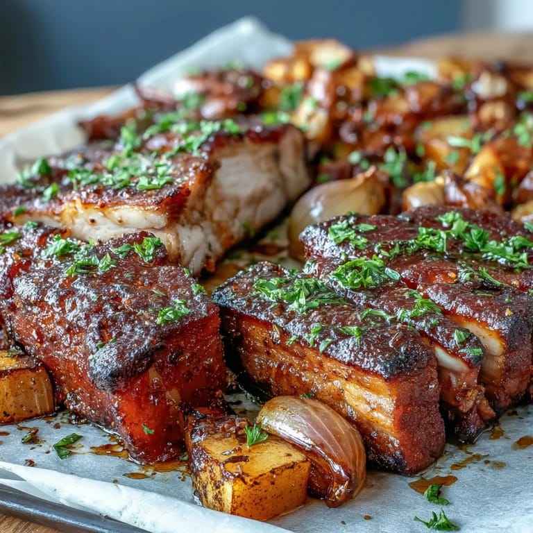 Vibrant traybake featuring thick-cut pork, orange zest, and honey-glazed rhubarb, ready to serve for a comforting weeknight dinner.