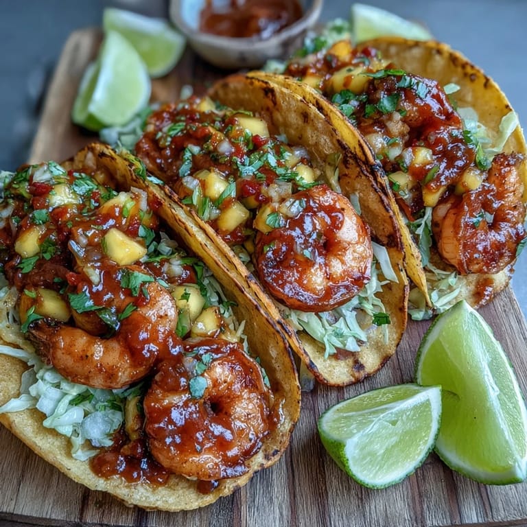 A plate of Sriracha Shrimp Tacos with Mango Salsa, served with lime wedges and a colorful medley of fresh toppings.