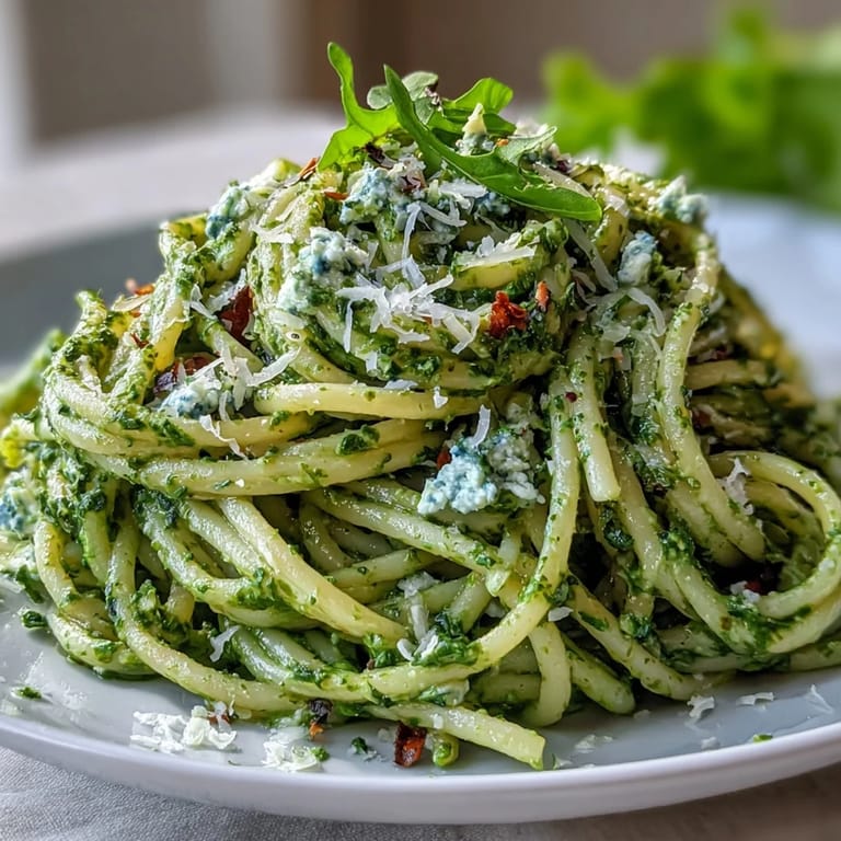 Steaming Linguine with Arugula Pesto twirled on a fork, showcasing the nut-free creamy texture and glistening olive oil, ready to enjoy.