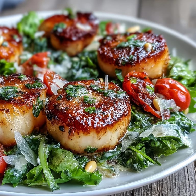 Elegant plated scallops with a golden crust, sitting on a bed of escarole salad and pesto vinaigrette.