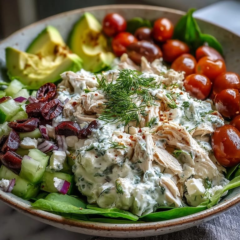 Spoonful of Tzatziki Chicken Salad featuring tender rotisserie chicken, feta, olives, and herbs, served chilled over fresh spinach for a light lunch.
