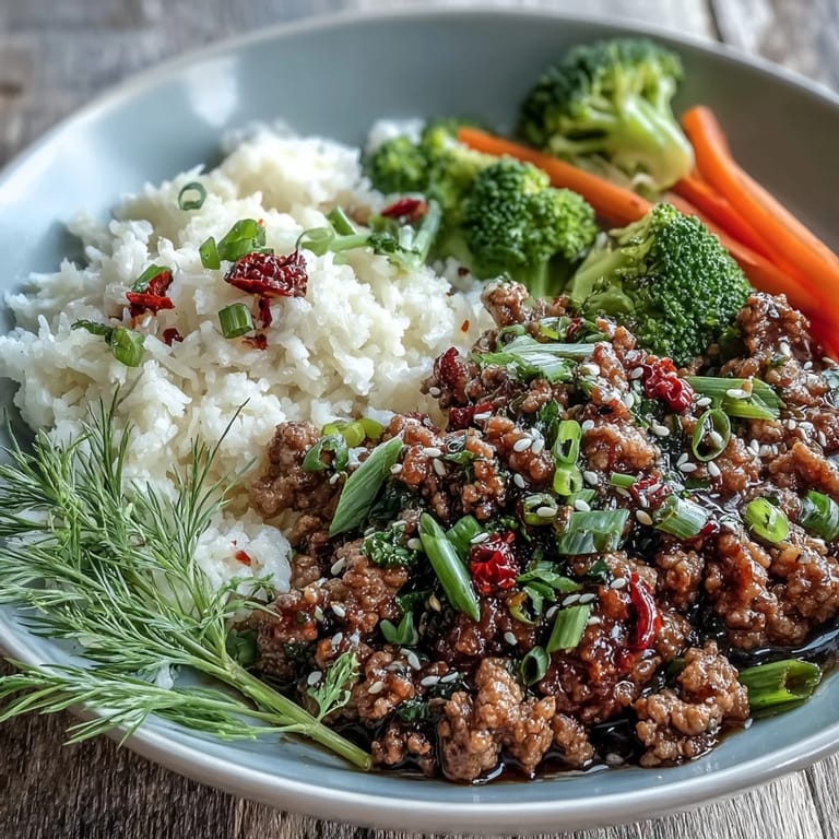 Quick weeknight Korean-Style Ground Turkey garnished with fresh chives, perfect alongside steamed broccoli and carrots.