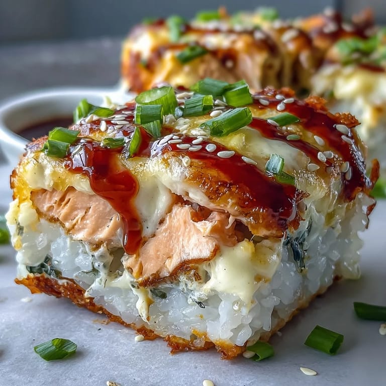 Golden, bubbling Spicy Salmon Sushi Bake straight from the oven, featuring layers of seasoned rice and savory salmon filling ready to scoop.