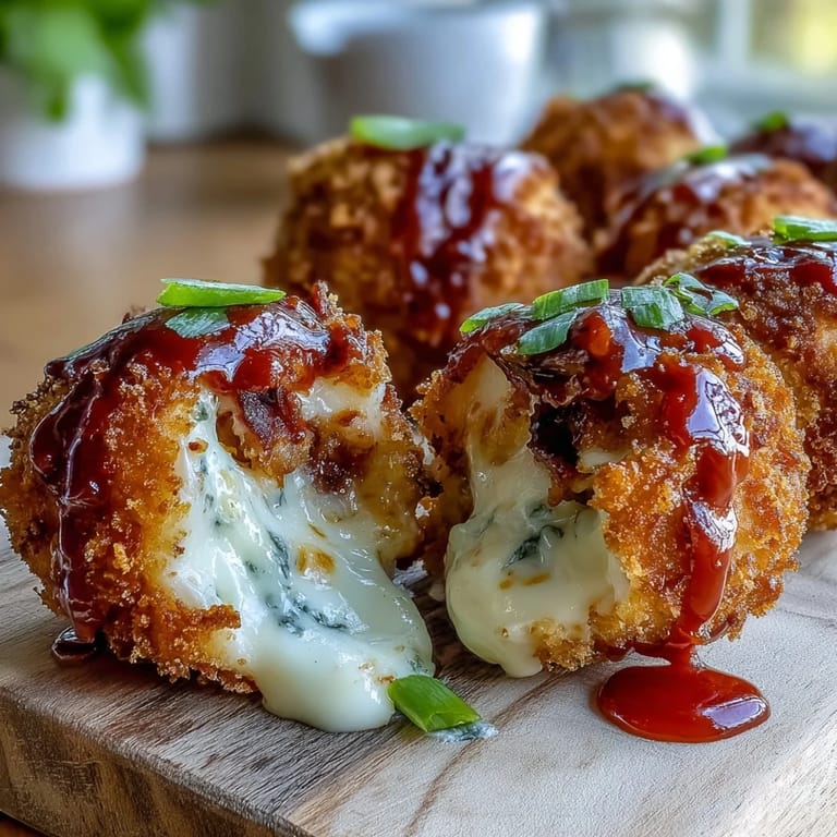 Golden brown, panko-crusted Buffalo Chicken Bacon Mozzarella Bombs reveal gooey melted cheese inside.