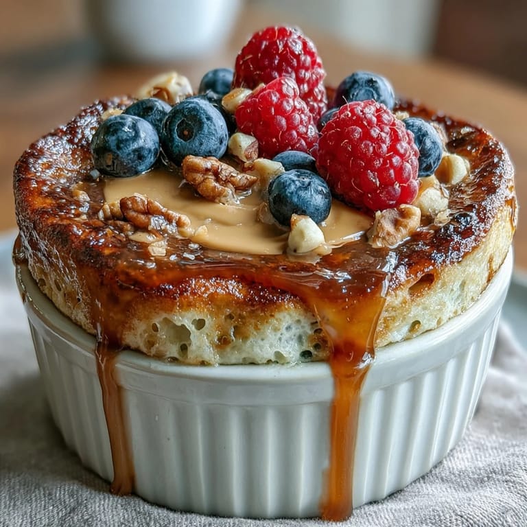 Golden-brown Baked Protein Pancake Bowl with a soft center, served in a ceramic ramekin.