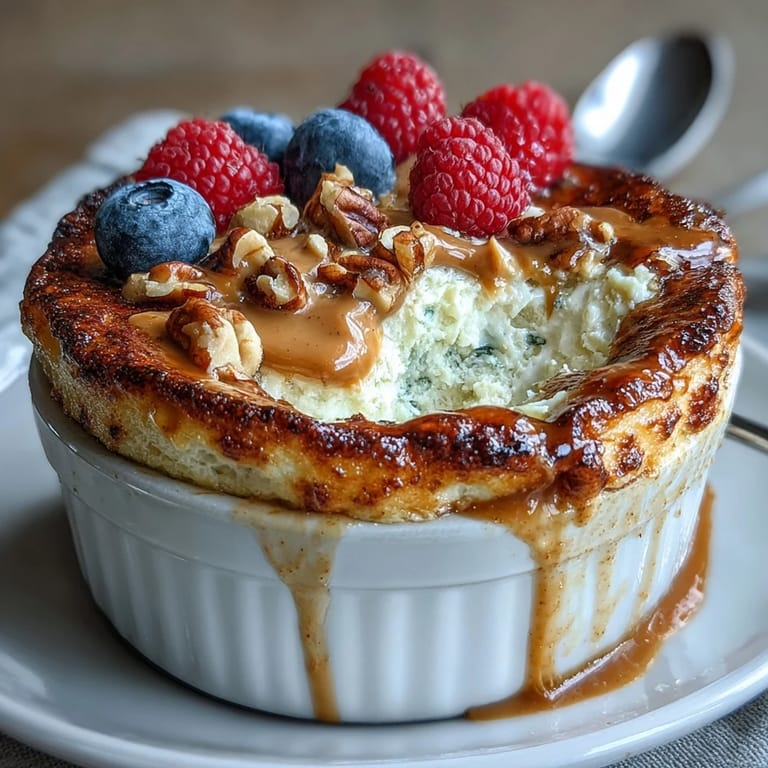 A warm single-serve Baked Protein Pancake Bowl topped with peanut butter and fresh berries.