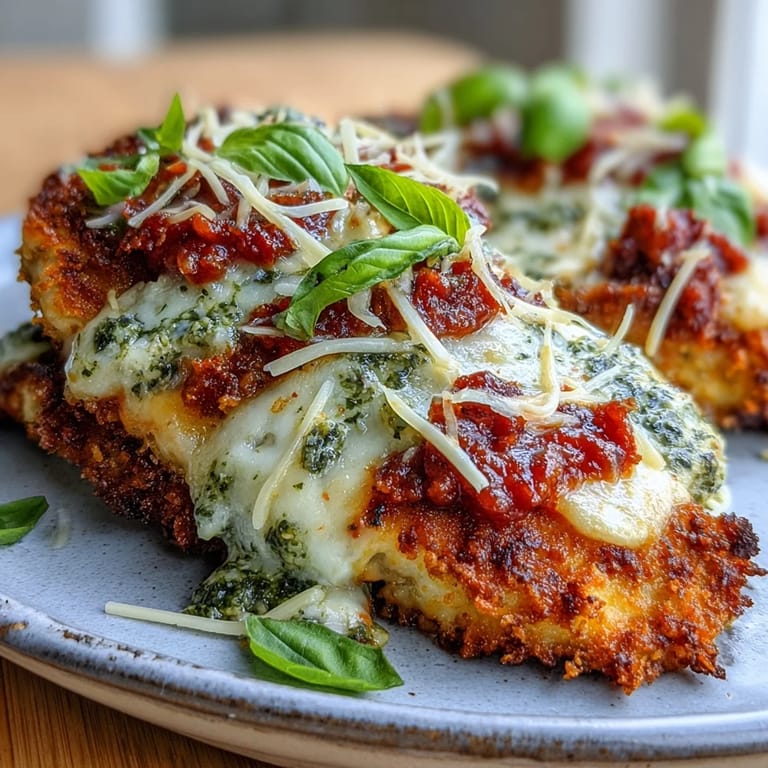 Juicy, breaded chicken breasts layered with vibrant basil pesto and melty cheese on a white dinner plate.