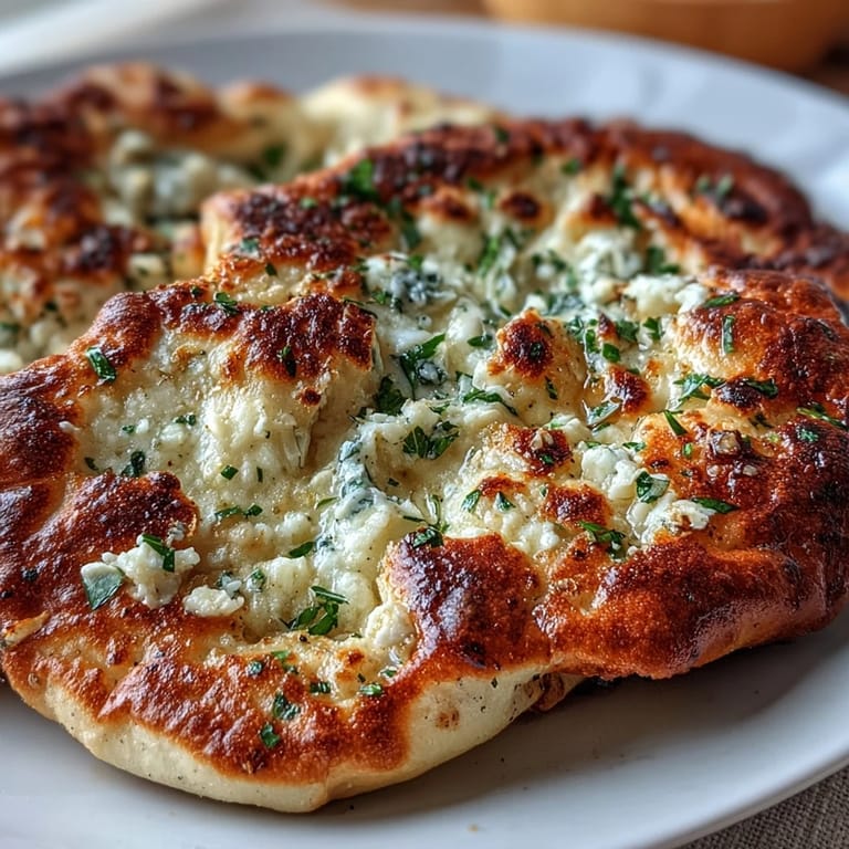 Hand-stretched The Best Easy Garlic Naan breads cooling on a rack with visible garlic flecks.