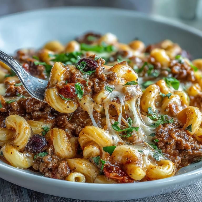 A close-up view of One-Pan High Protein Chili Mac topped with green onions, sour cream, and crushed tortilla chips.  