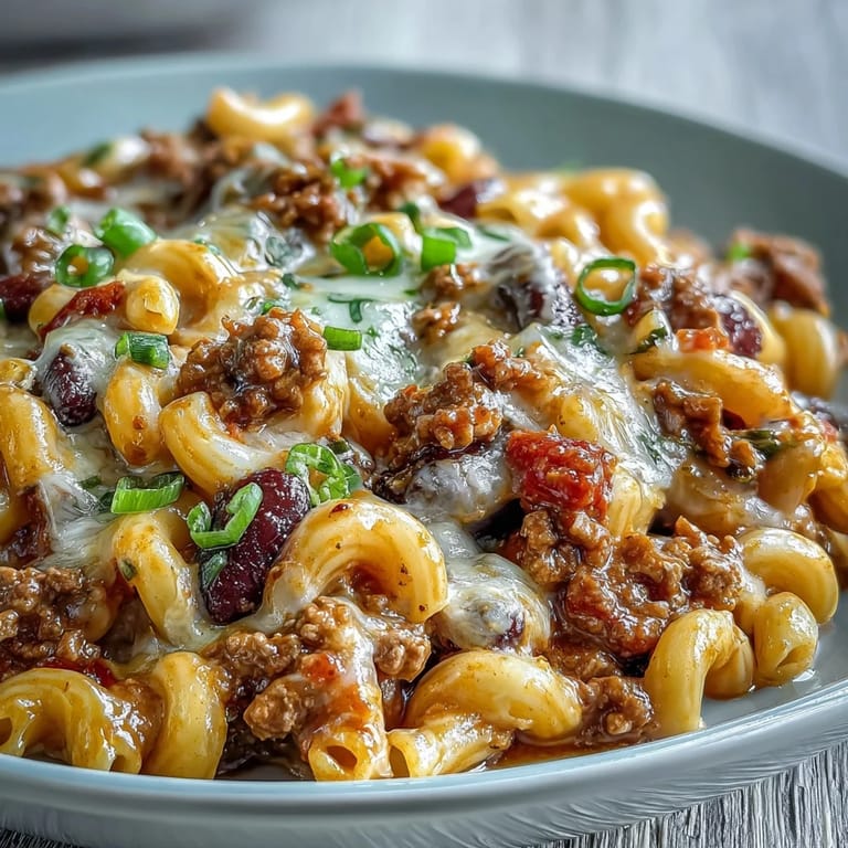 A spoon lifting a cheesy serving of One-Pan High Protein Chili Mac with beans and macaroni from a pot.