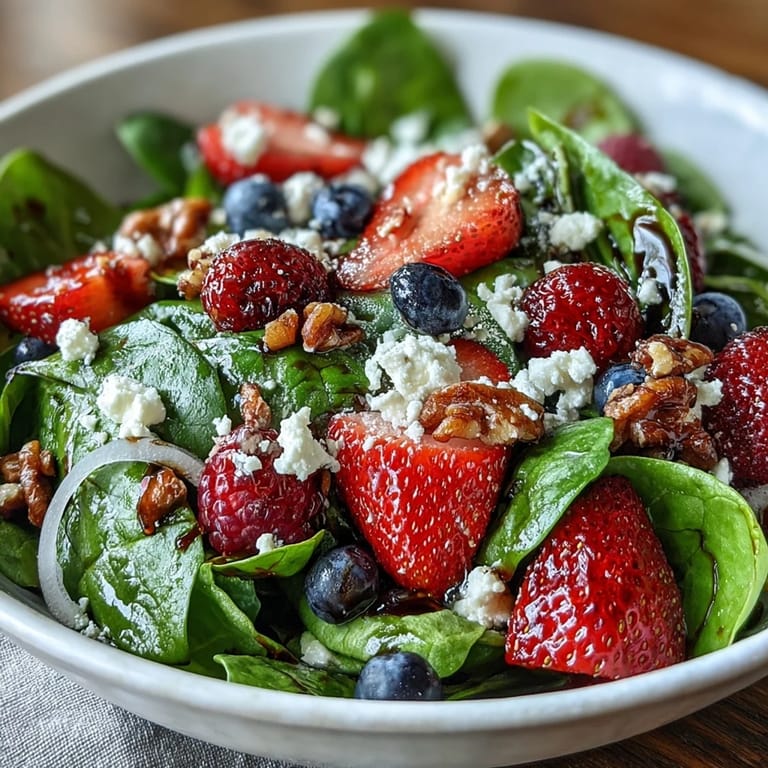 A close-up of a Spinach and Berry Salad Bowl with tangy balsamic vinaigrette drizzled over colorful ingredients. 