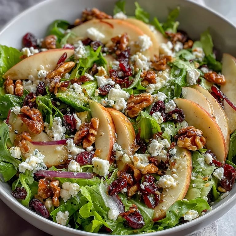 A close-up of Mixed Greens and Apple Bowl featuring vibrant greens, creamy feta crumbles, and a generous sprinkle of chopped walnuts.