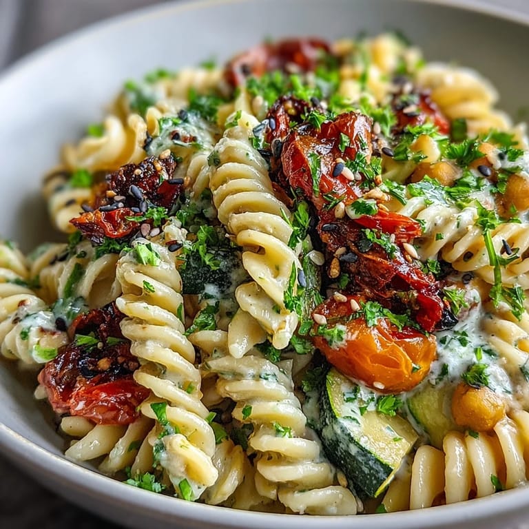 A vibrant Mediterranean-inspired Chickpea Pasta Bowl featuring tender roasted zucchini, bell pepper, and cherry tomatoes, drizzled with smooth tahini dressing.