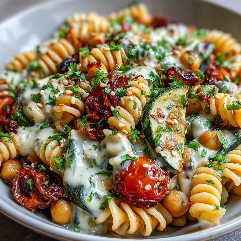Warm, fiber-rich Chickpea Pasta Bowl topped with caramelized roasted veggies and a luscious lemon-garlic tahini sauce for a wholesome meal.