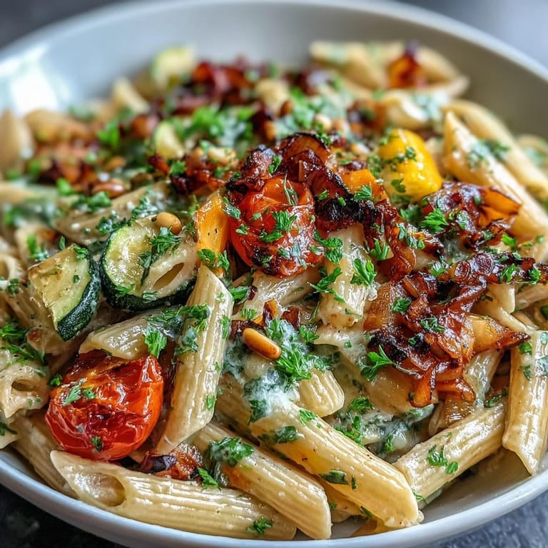 Savory Whole Wheat Pasta Bowl features golden roasted veggies, creamy cannellini sauce, and a sprinkle of Parmesan for a wholesome family dinner.