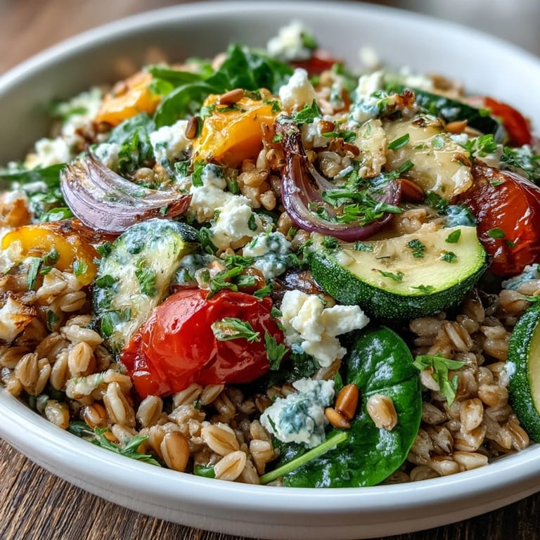 An overhead view of Farro Pasta Bowl in a rustic bowl, garnished with fresh parsley and cherry tomatoes.