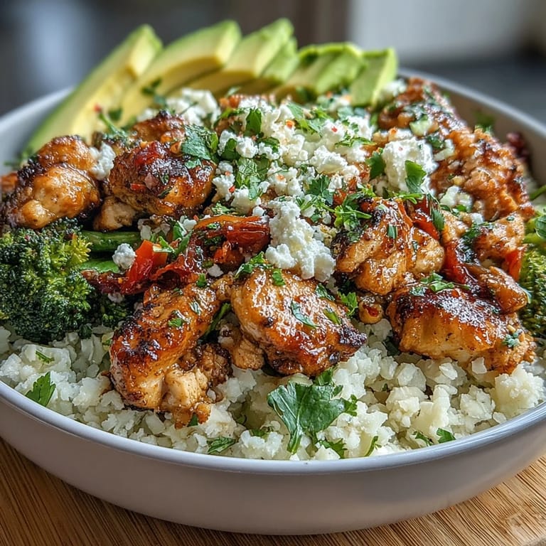 Colorful Cauliflower Rice Bowl topped with cherry tomatoes, herbs, and a lemony yogurt drizzle.