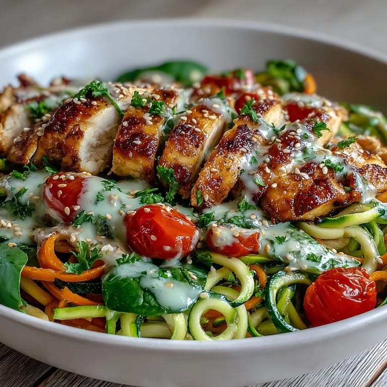 Healthy Spiralized Vegetable Bowl with crisp zucchini noodles, tender sweet potato spirals, and a drizzle of lemon-tahini dressing.